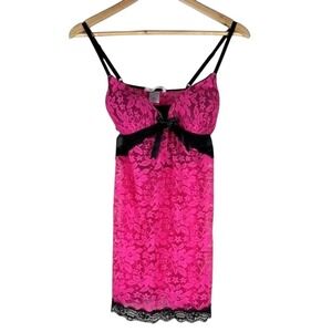 Linea Donatella Floral Lace Mesh Chemise Pink Black Y2K Bow Lingerie Size M